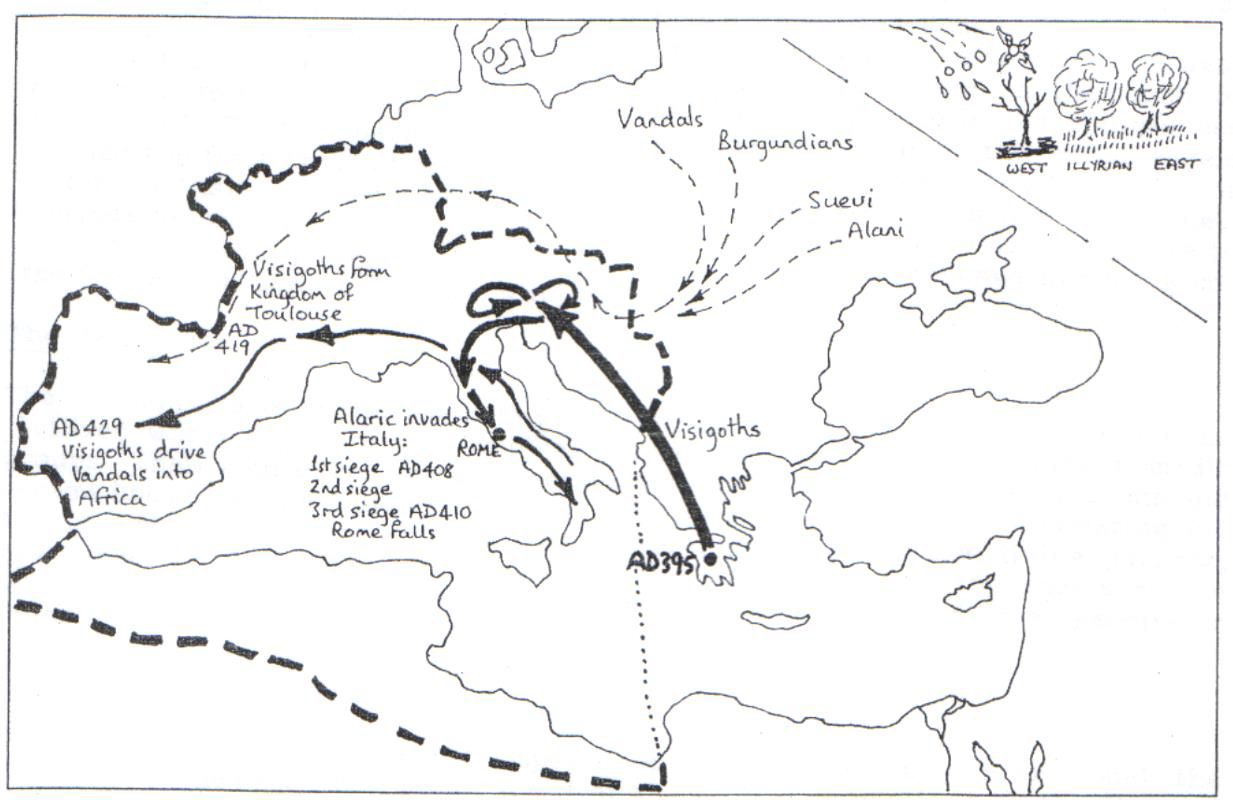 ALARIC AND THE VISIGOTHS INVADE THE WESTERN ROMAN THIRD OF THE EARTH
